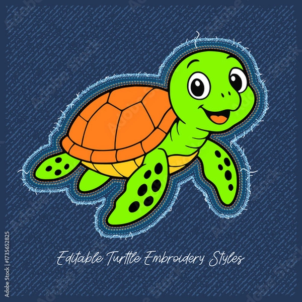 Obraz Cute Cartoon Turtle Patch Design on Denim,vector illustration