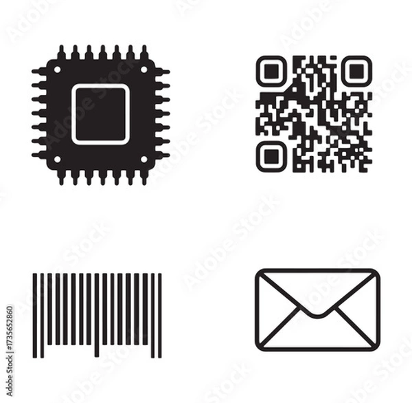 Fototapeta Collection of modern vector icons including circuit chip qr code barcode and email envelope