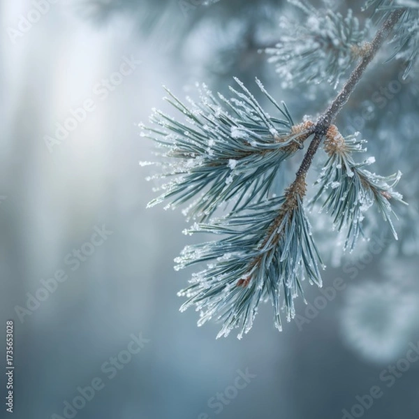 Fototapeta Frost-covered pine branch in a tranquil winter landscape with soft sunlight filtering through the trees