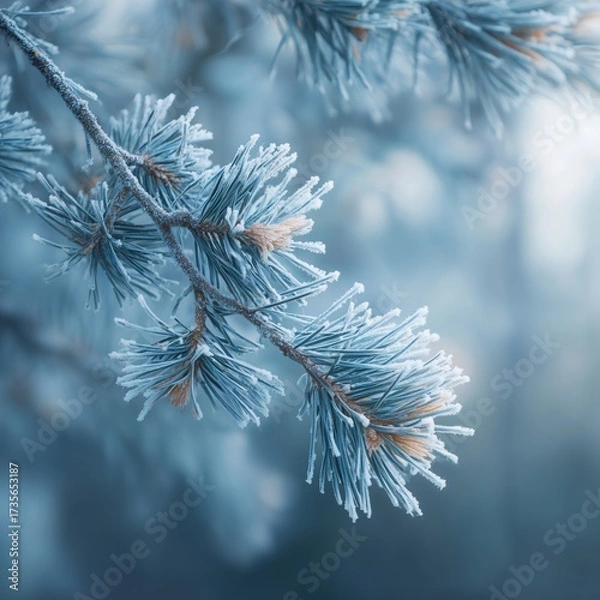 Fototapeta Frost-covered pine branches glisten in the soft morning light of a tranquil winter forest scene
