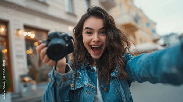Fototapeta A smiling woman holding a camera in a city street taking a selfie with a joyful expression