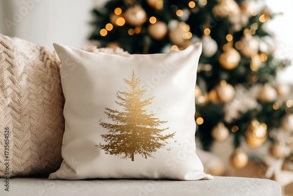Fototapeta Beautiful seasonal decor featuring a decorative pillow with a tree design in a cozy living room with a Christmas tree illuminated by warm lights