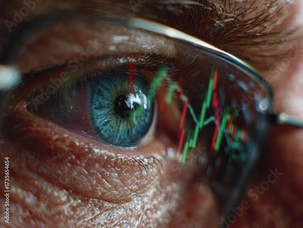 Fototapeta close-up view of a tired man's eye wearing glasses while he watching a trading data