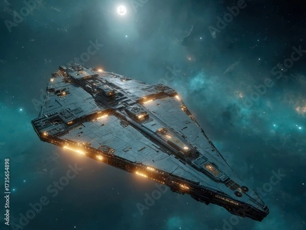 Fototapeta spaceship flies towards a beautiful nebula with a bright moon in outer space