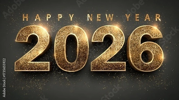 Fototapeta Luxury golden 3D 'Happy New Year 2026' with metallic shine, glittering glitter dust and elegant lights on dark grey background, festive modern design symbolizing celebration and success