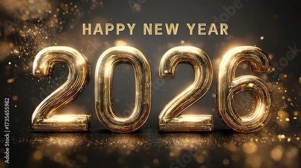 Fototapeta Luxury golden 3D 'Happy New Year 2026' with metallic shine, glittering glitter dust and elegant lights on dark grey background, festive modern design symbolizing celebration and success