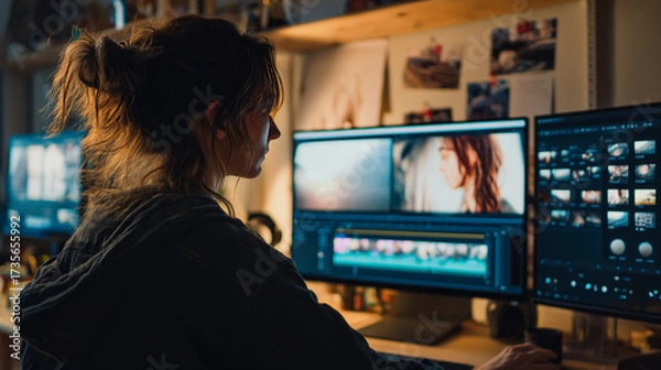Fototapeta Woman editing video on dual monitors in a dimly lit room with a messy bun hairstyle and casual attire