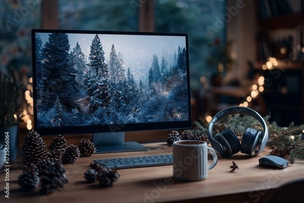 Fototapeta Cozy workspace with winter forest scenery on monitor surrounded by pinecones and warm holiday lights at dusk