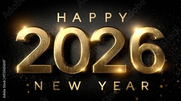 Fototapeta Luxury golden 3D 'Happy New Year 2026' with metallic shine, glittering glitter dust and elegant lights on dark grey background, festive modern design symbolizing celebration and success