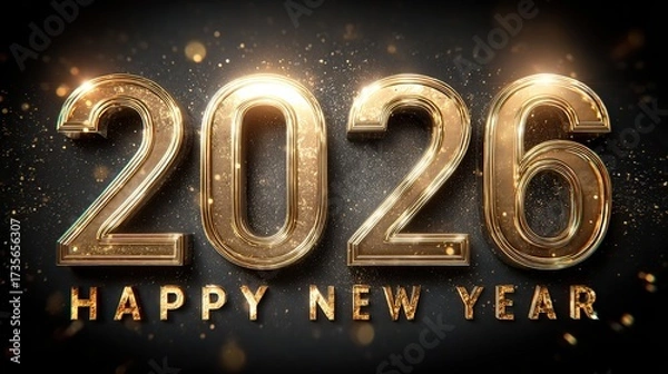 Fototapeta Luxury golden 3D 'Happy New Year 2026' with metallic shine, glittering glitter dust and elegant lights on dark grey background, festive modern design symbolizing celebration and success