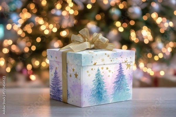 Fototapeta Beautifully wrapped gift box with festive design placed on a table surrounded by Christmas decorations in a cozy setting