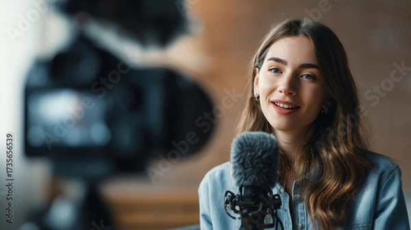 Fototapeta Woman recording a video with professional camera and microphone in a studio setup for content creation