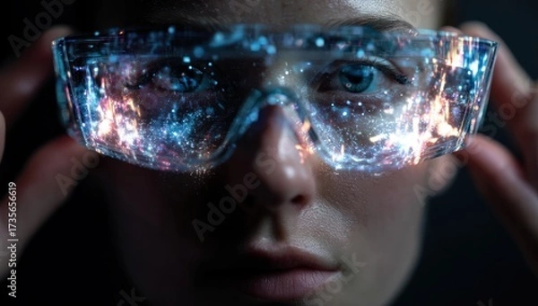 Obraz Futuristic Woman Wearing Augmented Reality Glasses with Digital Reflections.