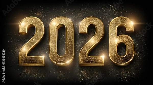Fototapeta Luxury golden 3D 'Happy New Year 2026' with metallic shine, glittering glitter dust and elegant lights on dark grey background, festive modern design symbolizing celebration and success