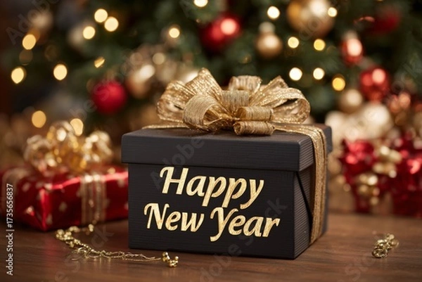 Fototapeta Celebrate the arrival of a joyful new year with a gift box designed for festive occasions, surrounded by colorful decorations and warm lights in a cozy setting