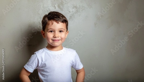 Fototapeta Young child showing relieved contentment after effort warm side light on matte plaster wall calm studio portrait for wellness education and lifestyle stories