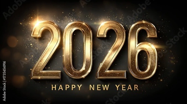Fototapeta Luxury golden 3D 'Happy New Year 2026' with metallic shine, glittering glitter dust and elegant lights on dark grey background, festive modern design symbolizing celebration and success