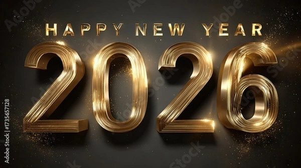 Fototapeta Luxury golden 3D 'Happy New Year 2026' with metallic shine, glittering glitter dust and elegant lights on dark grey background, festive modern design symbolizing celebration and success