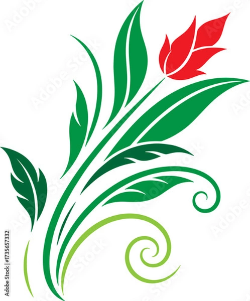 Obraz Elegant red flower with green leaves and swirling stems floral design element