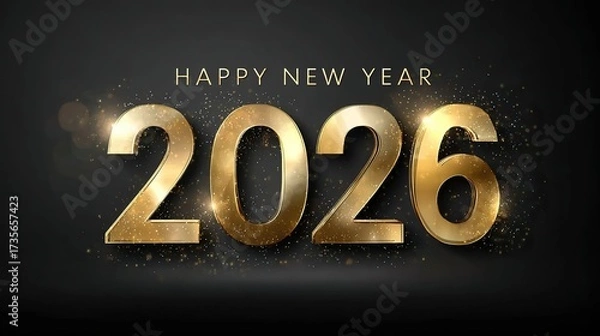 Fototapeta Luxury golden 3D 'Happy New Year 2026' with metallic shine, glittering glitter dust and elegant lights on dark grey background, festive modern design symbolizing celebration and success