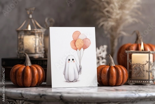 Fototapeta Cute seal illustration holding balloons surrounded by pumpkins and lanterns on a decorative table during autumn