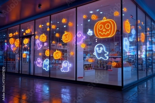 Fototapeta Colorful Halloween decorations light up a shop window in the evening showcasing pumpkins and ghosts