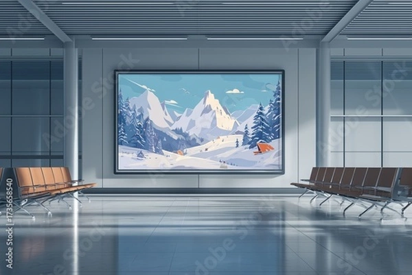 Fototapeta Large mountain landscape artwork displayed in an airport terminal waiting area during the snowy winter season