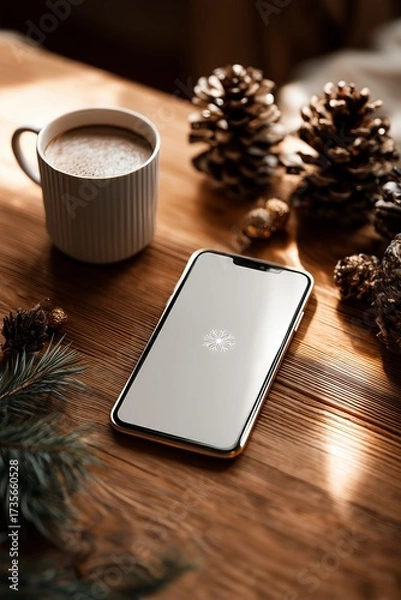 Fototapeta Cozy winter setting with a smartphone, coffee, and pinecones on a wooden table
