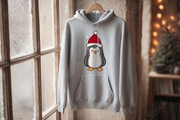 Fototapeta Cozy holiday hoodie with a cheerful penguin design displayed in a rustic room by a window during winter