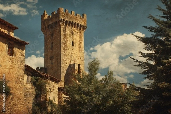 Fototapeta Majestic castle featuring an imposing clock tower constructed with golden brown stone in vintage style