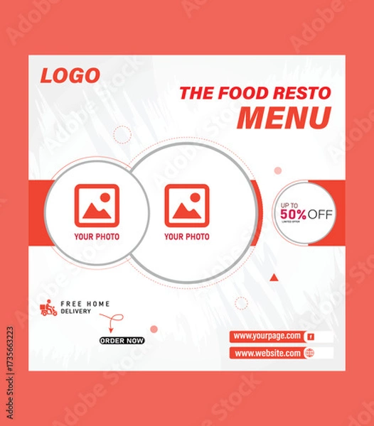 Fototapeta Food menu and restaurant social media marketing web banner template. Healthy fast food business website background. Pizza or burger online sale promotion flyer with logo and icon. Food video thumbnail