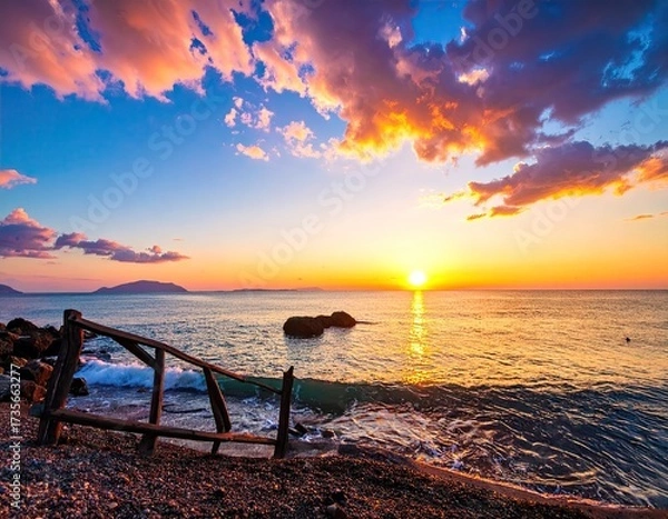 Fototapeta Dramatic Sunset Over Sea Water Reflecting Golden Light with Colorful Clouds and Horizon, Shoreline with Rocks and Wooden Fence in Foreground