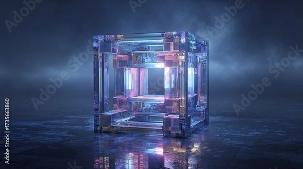 Obraz Translucent cube structure, glowing with interior pink and blue, on a reflecting surface