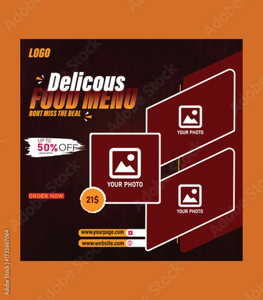 Fototapeta Food menu and restaurant social media marketing web banner template. Healthy fast food business website background. Pizza or burger online sale promotion flyer with logo and icon. Food video thumbnail
