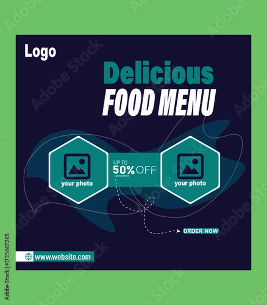 Fototapeta Food menu and restaurant social media marketing web banner template. Healthy fast food business website background. Pizza or burger online sale promotion flyer with logo and icon. Food video thumbnail
