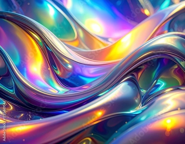 Fototapeta Abstract holographic liquid texture, shimmering rainbow reflections with smooth metal 