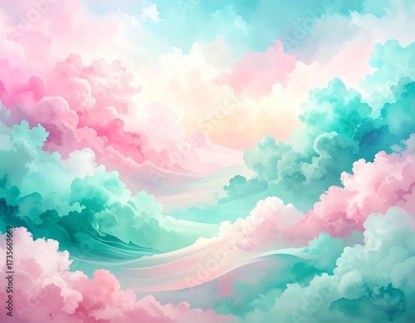 Fototapeta Hyperrealistic watercolor gradient with pastel pink and aqua tones, soft brush textur