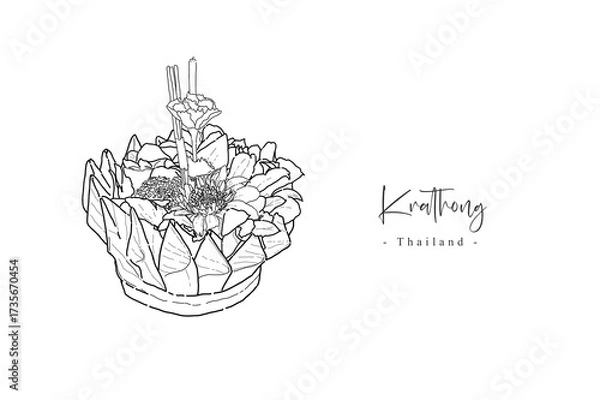 Fototapeta An illustration of the Krathong image, the symbolic of the Loy Krathong festival, which is a unique tradition of Thailand, with wording  'Krathong' and 'Thailand'.