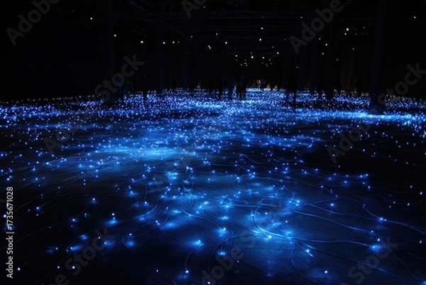 Fototapeta A dark interior scene with numerous glowing blue lights on the floor and figures in the distance