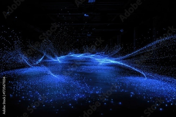 Fototapeta Blue glowing particles swirl across a dark space creating a futuristic, abstract art piece