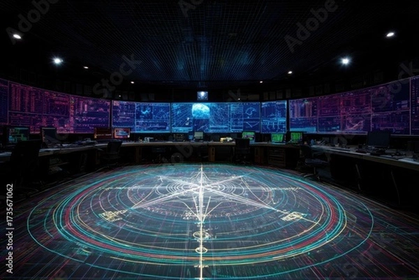 Fototapeta Large control room with many monitors, desks, a patterned floor, and overhead lighting