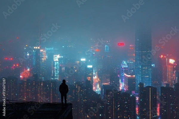 Fototapeta A lone figure stands atop a structure, gazing at a sprawling metropolis shrouded in mist