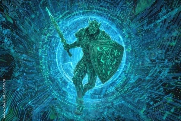 Fototapeta A futuristic knight with glowing armor stands within a circuit board portal, holding sword and shield