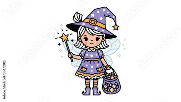 Fototapeta Enchanting Young Witch's Halloween: A cartoon illustration captures the joy of a young witch, clad in purple, with a magical wand, ready for trick-or-treat, perfect for Halloween.