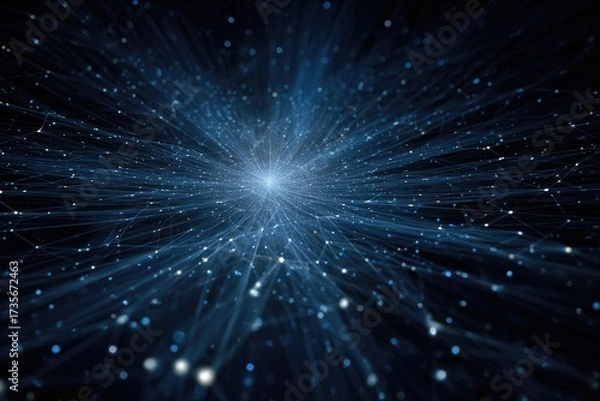 Fototapeta Abstract digital network with light radiating from the center in a dark blue space