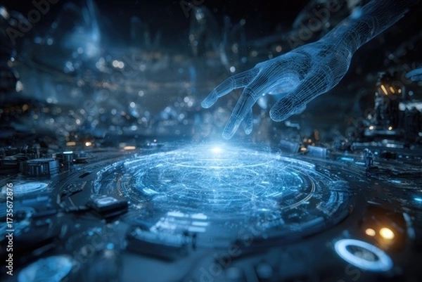 Fototapeta Digitized hand reaching towards a glowing, circular platform within a futuristic, tech-based city