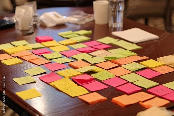 Fototapeta Close-up of colorful sticky notes arranged on a wooden table, suggesting a meeting or brainstorming session