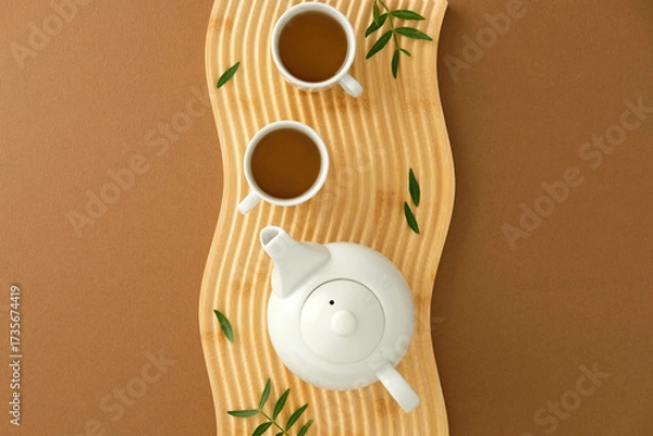 Fototapeta White ceramic teapot and cups on wavy wood tray with green leaves, styled on brown surface