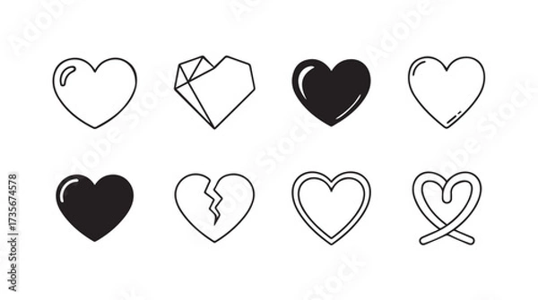 Fototapeta Collection of eight unique heart shapes in various styles and fill for romantic and love themes vector