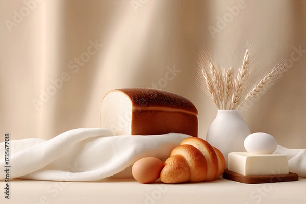 Fototapeta Fresh bread loaf with eggs and butter on soft fabric backdrop for bakery template